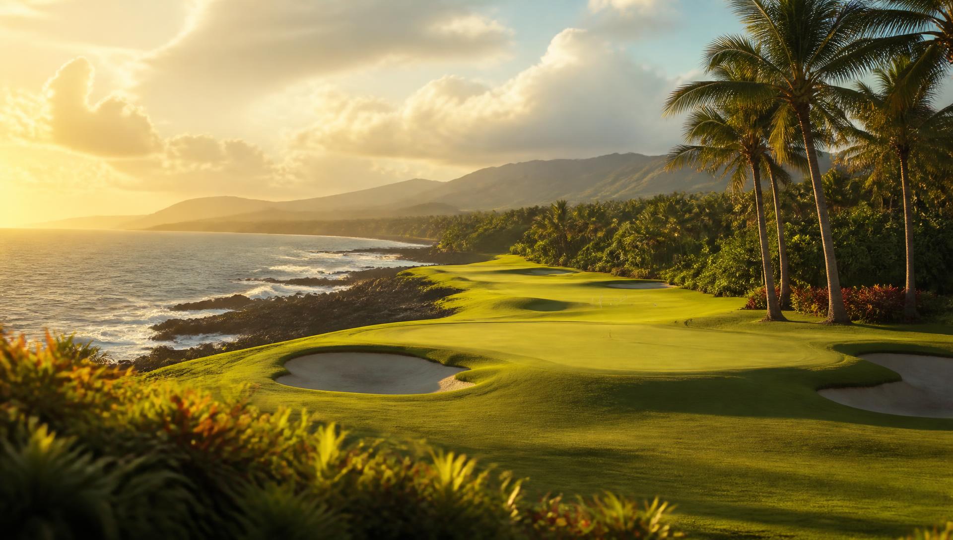 Oceanfront golf course fairway lined with palm trees at golden hour in Puerto Rico
